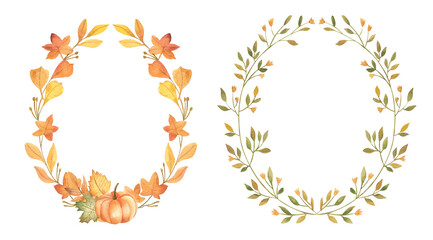 Fall autumn watercolor illustration wreath and frame with pumpkins  © Bianca
