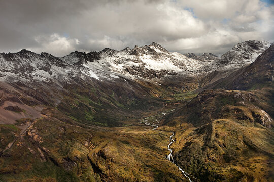 Snow capped mountains in Chilean Southern Patagonia as seen from a helicopter