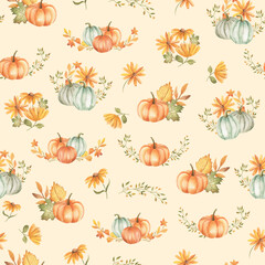 Fall autumn watercolor illustration pumpkins pastel colors seamless pattern tile with sunflowers 