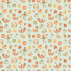 Autumn Fall woodland baby animals pattern with leaves, pumpkin and harvest illustration