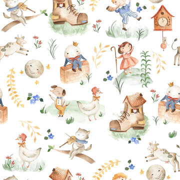 Nursery Rhyme animals watercolor illustration seamless pattern tile for children and baby  with Humpty Dumpty and other stories 