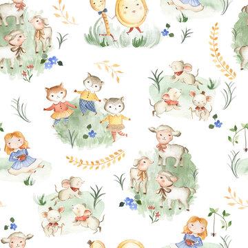 Nursery Rhyme animals watercolor illustration seamless pattern tile for children and baby  with white background