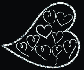 Handdrawn trendy silver glitter line hearts, isolated design objects . Shimmer vector outline.