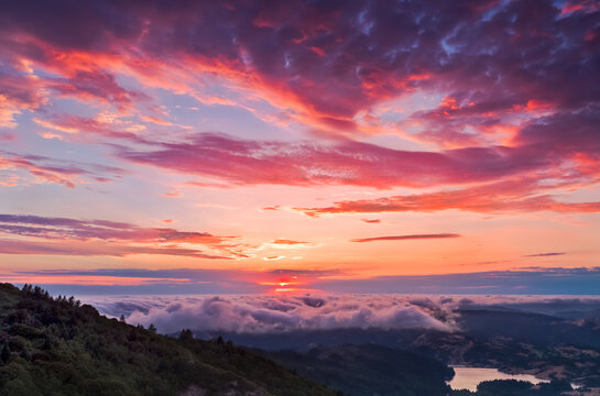 A beautiful and vibrant pink landscape photo from the tallest peak in Marin County, just north of San Francisco