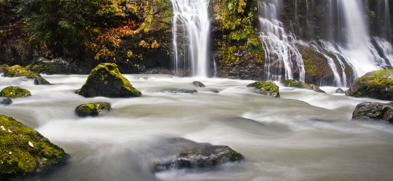 Feature Show Falls drops into the Boulder River, Mount Baker Wilderness, Washington.