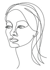 Woman head silhouette in modern one line style. The lady laughs. Continuous line drawing, aesthetic outline for home decor, posters, wall art, stickers, logo. Vector illustrations.