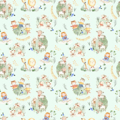 Obraz premium Nursery Rhyme animals watercolor illustration pattern for children and baby with green background 