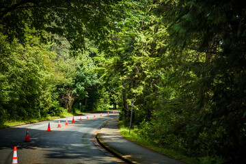 Obraz premium road with demarcating cones, road signs, repair and construction.