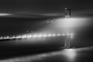 Black and White view of the Golden Gate Bridge at night with silky low fog around the tower.