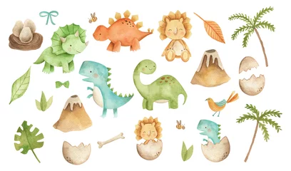 Zelfklevend Fotobehang Baby Dinosaurs watercolor illustration with  cute animals for nursery and baby shower  © Bianca
