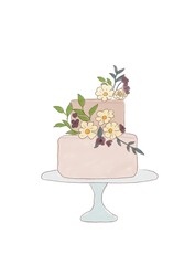 Watercolour wedding cake Illustration isolated on white background. Birthday party. Decoration for party.