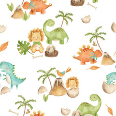 Baby Dinosaurs watercolor illustration children's cute seamless pattern tile in white background  © Bianca