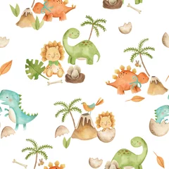  Baby Dinosaurs watercolor illustration children's cute seamless pattern tile in white background  © Bianca