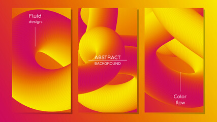 Abstract geometric orange and yellow vector background with 3d twisted liquid shape. Set of colorful design templates with fluid shapes.
