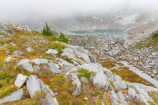 The rocky cirque of Vesper Lake, just above Headlee Pass, on the trail to Vesper Peak, Cascade Range, Washington.