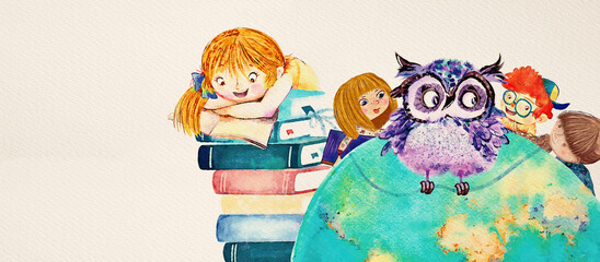 Children with owl on the globe and books. Watercolor education concept