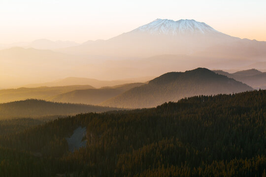 Mt St Helens at sunset seen from an unnamed peak near Mt Adams. Washington