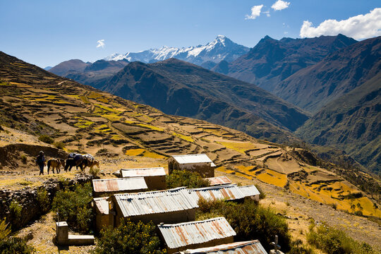 The steep terraced mountainsides are used for agriculture in the Apolobamba Range of the Andes in western Bolivia in the middle of winter.