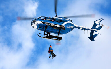 Rescue mission helicopter in Haute Savoie, France, Europe