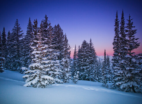 Alpenglow in the Wasatch Range in the Rocky Mountains of Utah, as a full moon sits above Mt. Superior after a fresh snowfall.