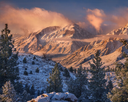 Soft Morning Light On Mt. Tom After A Snowfall In The Sierra Mountains.