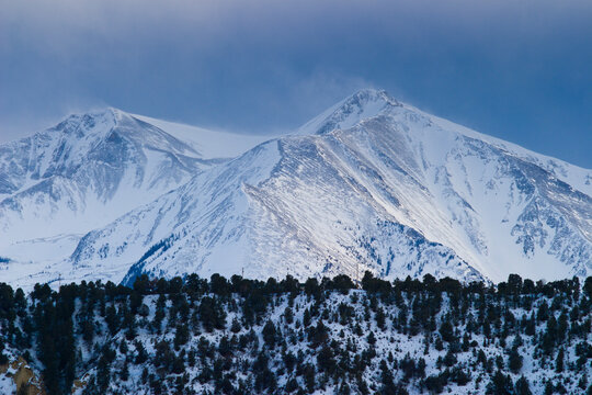 A winter storm blows across the twin summits of Mt. Sopris in the Rocky Mountains near Carbondale, Colorado.