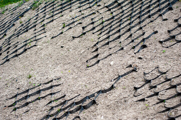 Construction of modern paths with handrails and landscaping