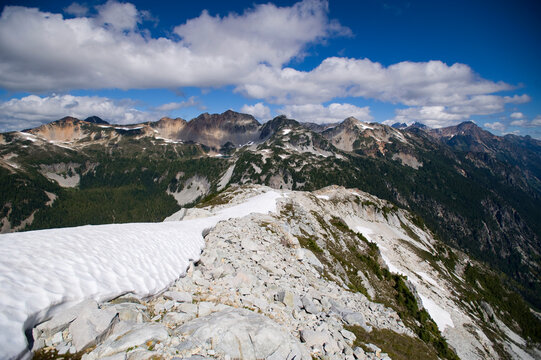A view of Tapto Lake and Red Face Mountain from Whatcom Peak in Northern Cascades National Park, Washington.
