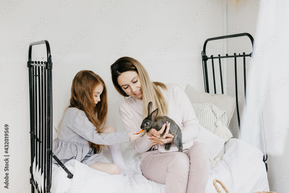 Wall mural mom young woman and her little red haired girl daughter sitting in a country house with baby rabbit, summer vibes concept