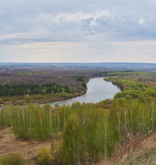 A picturesque view of the Sura River from Nikolskaya Mountain from the village of Surskoye, Ulyanovsk Region.