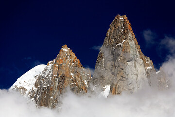 Scenic sunset view of Aiguille Verte et Les Drus, Haute Savoie, France