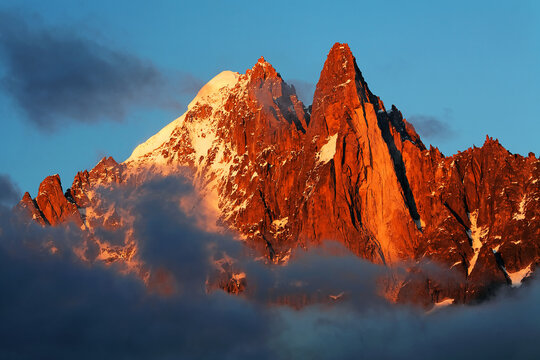 Sunset light over Les Drus, Mont Blanc, Haute Savoie, France, Europe