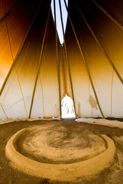 Preparation of the Navajo half-moon fireplace for a Peyote ceremony in a teepee by a member of the North American Church in Boulder, Colorado.