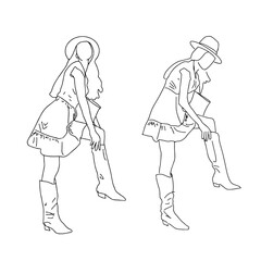 Linear sketch of a student putting on boots. Vector illustration.