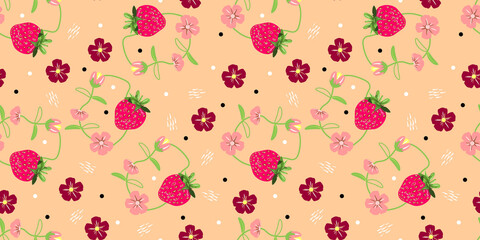Seamless pattern with cute pink strawberries and flowers. For textile, wrapping paper, packaging. Vector pattern. 