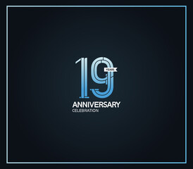 19 years anniversary logotype with cross hatch pattern blue color. vector can be use for party, company special event and celebration moment