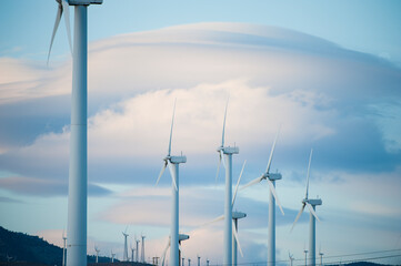 A wind farm, with around 5,000 wind turbines, in Mojave Desert, California, USA