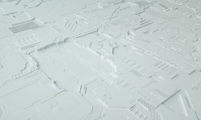 Macro rendering of a futuristic electronic printed circuit board with microchips and processors. Technology background concept.  Computer microchip, electronic microcircuit. 3D rendering.