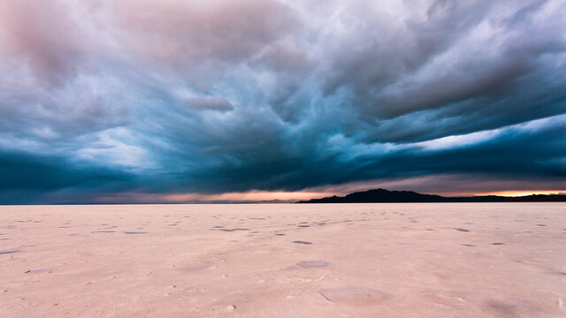 Between storms during sunset on the Bonneville Salt Flats in Utah.