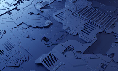 Macro rendering of a futuristic electronic printed circuit board with microchips and processors. Technology background concept.  Computer microchip, electronic microcircuit. 3D rendering.