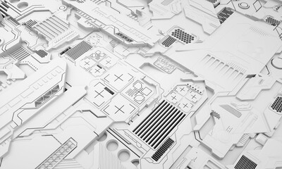 Fototapeta premium Macro rendering of a futuristic electronic printed circuit board with microchips and processors. Technology background concept. Computer microchip, electronic microcircuit. 3D rendering.
