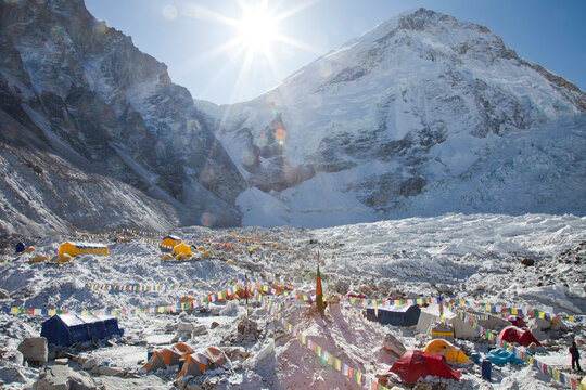 Mount Everest Basecamp gets it's first look at the sun as it rises over the West Shoulder