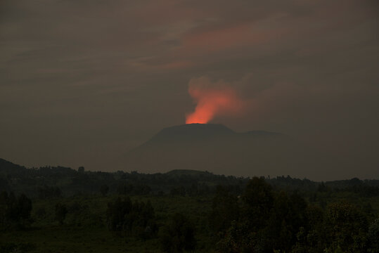 View of Nyiragongo Volcano at night from the Bukima Patrol Post at Virunga National Park in the Democratic Republic of the Congo
