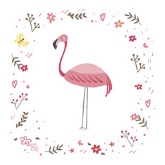 Pink flamingo is standing isolated on a white background. Frame from plants and flowers. 