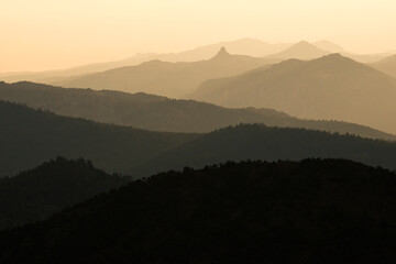Smoke from the infamous Rim Fire fills the air over the Sierra Nevada mountains as seen from Monitor Pass at sunset near Markleeville, CA.