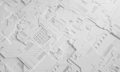 Macro rendering of a futuristic electronic printed circuit board with microchips and processors. Technology background concept.  Computer microchip, electronic microcircuit. 3D rendering.