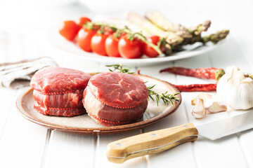The raw beef meat steak on plate.