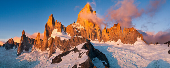 Sunrise on Mount Fitzroy from the summit of nearby Cerro Madsen in Argentina's Los Glaciers National Park.