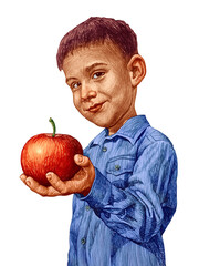 A cute boy is holding a red apple in his hand. Pencil drawing, isolated on a white background.