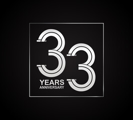 33 years anniversary logotype with cross hatch pattern silver color inside square. vector can be use for party, company special event and celebration moment